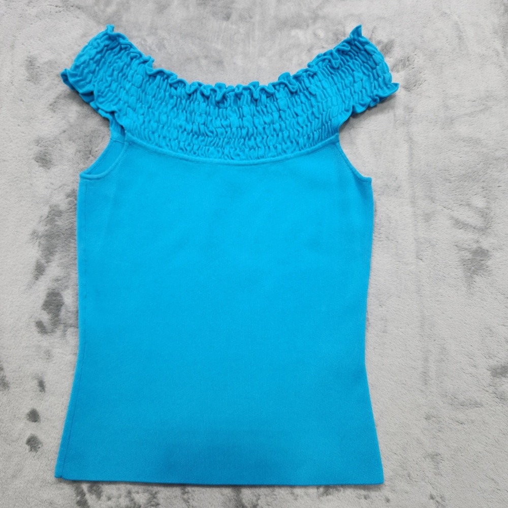 Vintage Lilli Rubin Top Womens S Blue Off Shoulder Smocked Stretch Knit Coquette